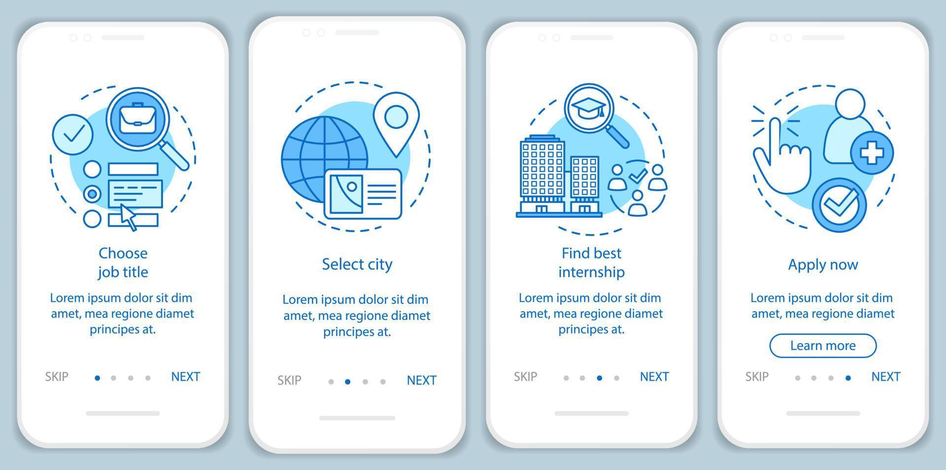 plantilla de vector de pantalla de página de aplicación móvil de incorporación de programa de pasantías. práctica del estudiante. software de búsqueda de trabajo. paso del sitio web del tutorial, ilustración lineal. ux, ui, concepto de interfaz de teléfono inteligente gui