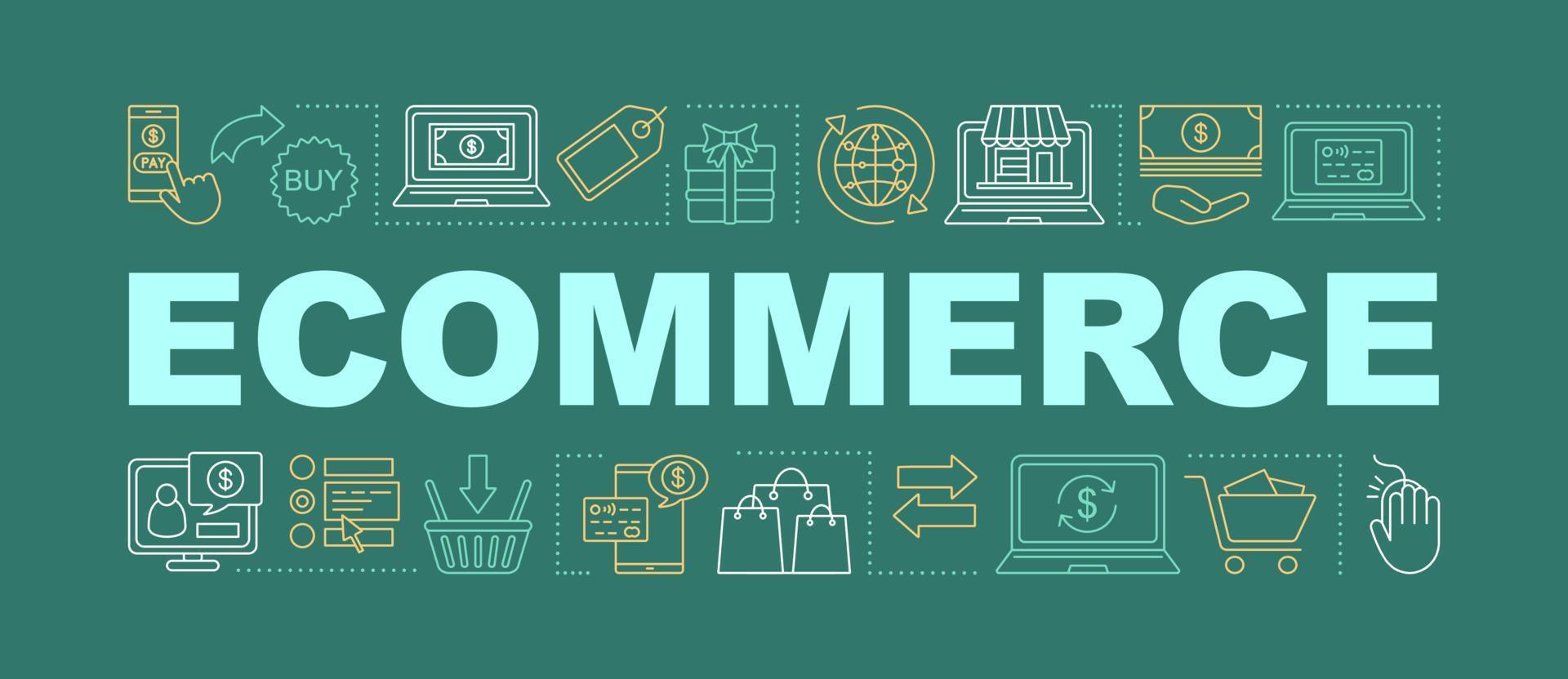 banner de conceptos de palabras de comercio electrónico. las compras en línea. venta minorista. compra digital, pago. comercio. presentación, sitio web. idea de tipografía de letras aisladas con iconos lineales. ilustración de contorno vectorial vector