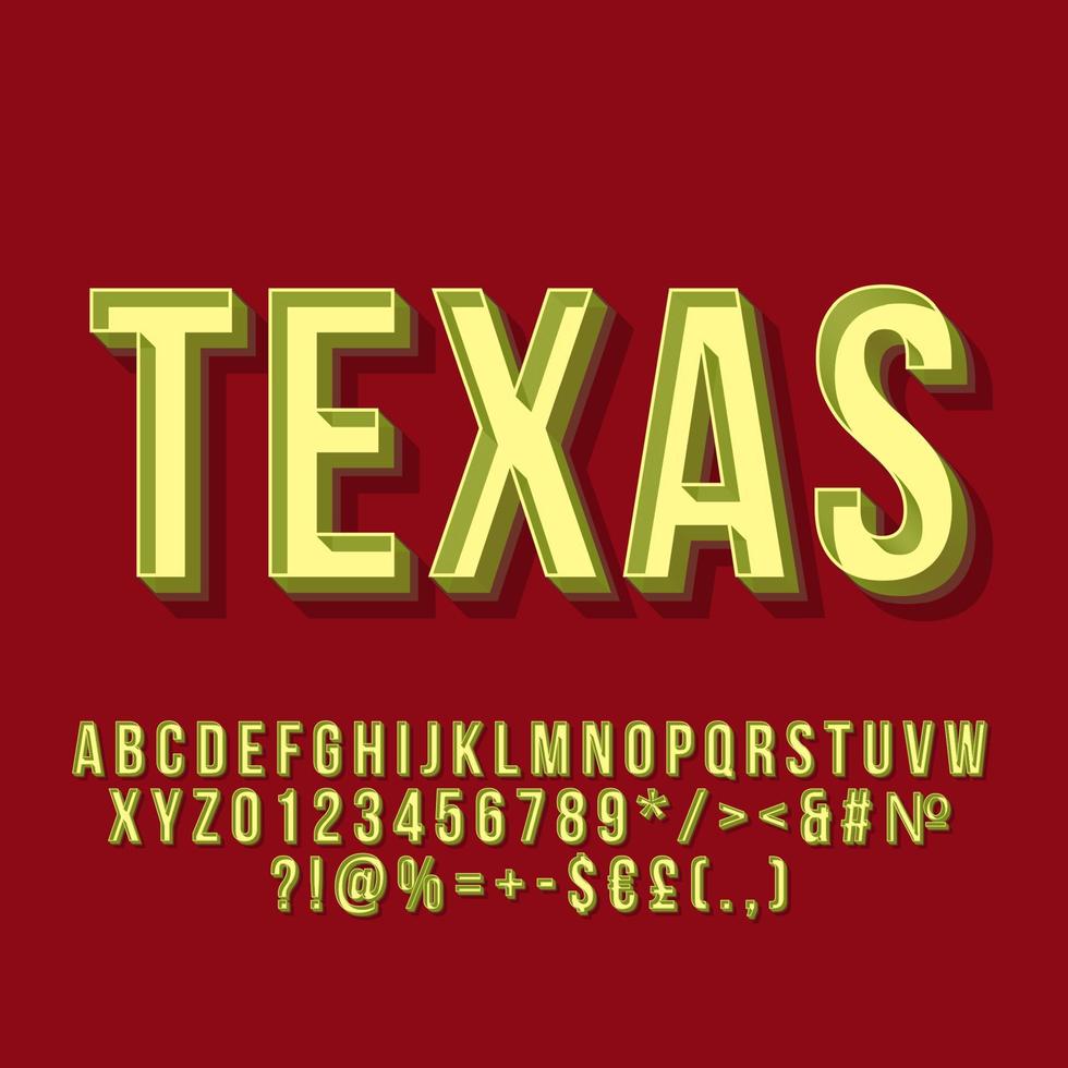 Letras vectoriales 3d vintage de Texas. fuente negrita retro. texto estilizado de arte pop. letras de estilo de la vieja escuela, números, paquete de símbolos. Afiche de los 90, pancarta, diseño tipográfico de camisetas. fondo de color rojo oscuro vector