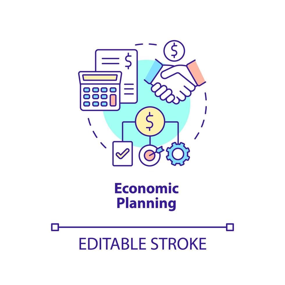 icono del concepto de planificación económica. regulaciones gubernamentales. la economía mixta presenta una ilustración de línea delgada de idea abstracta. dibujo de contorno aislado. trazo editable. arial, innumerables fuentes pro-bold utilizadas vector