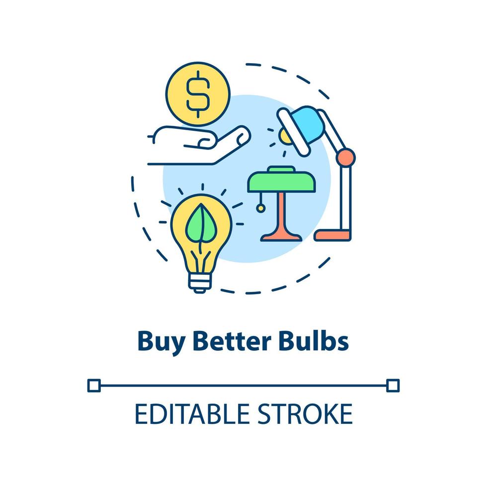 Buy better bulbs concept icon. Climate change prevention abstract idea thin line illustration. Low energy. Isolated outline drawing. Editable stroke. Roboto-Medium, Myriad Pro-Bold fonts used vector