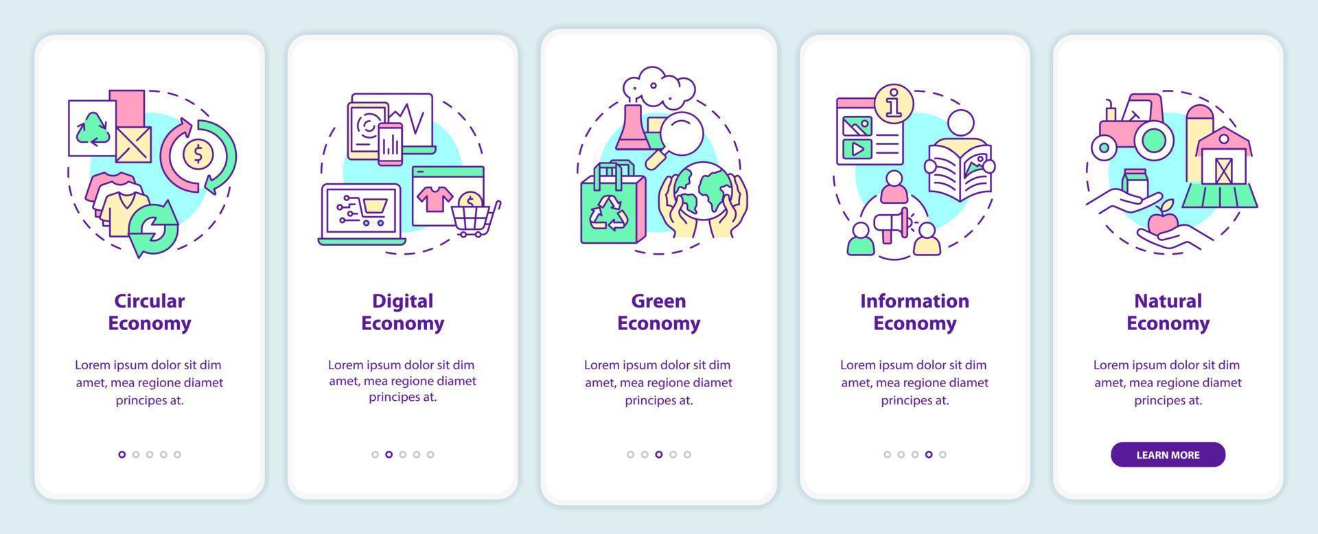 Economy models onboarding mobile app screen. Marketing strategy walkthrough 5 steps graphic instructions pages with linear concepts. UI, UX, GUI template. Myriad Pro-Bold, Regular fonts used vector