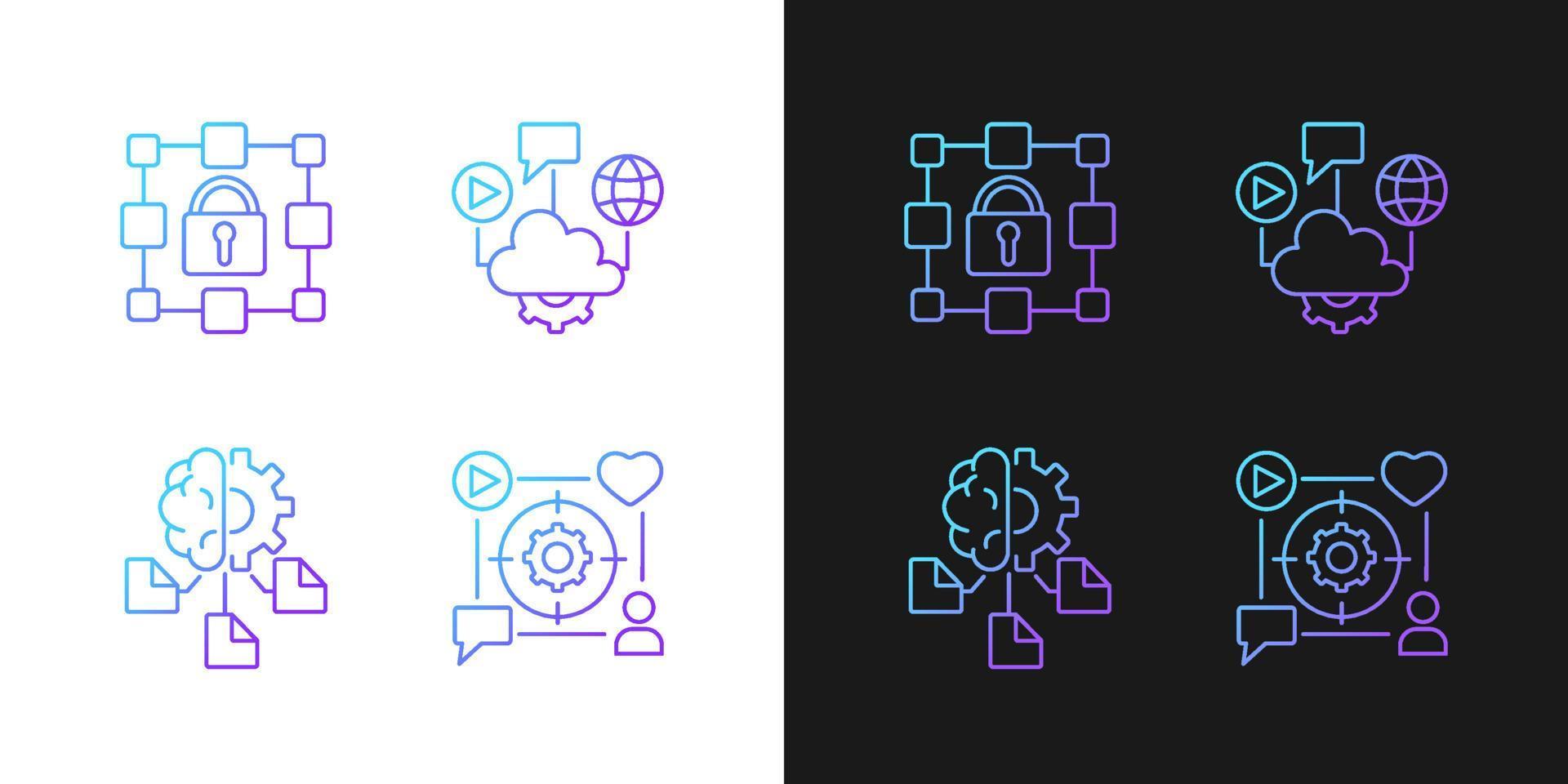 Digital inclusion gradient icons set for dark and light mode. Cloud computing. Machine learning. Thin line contour symbols bundle. Isolated vector outline illustrations collection on black and white