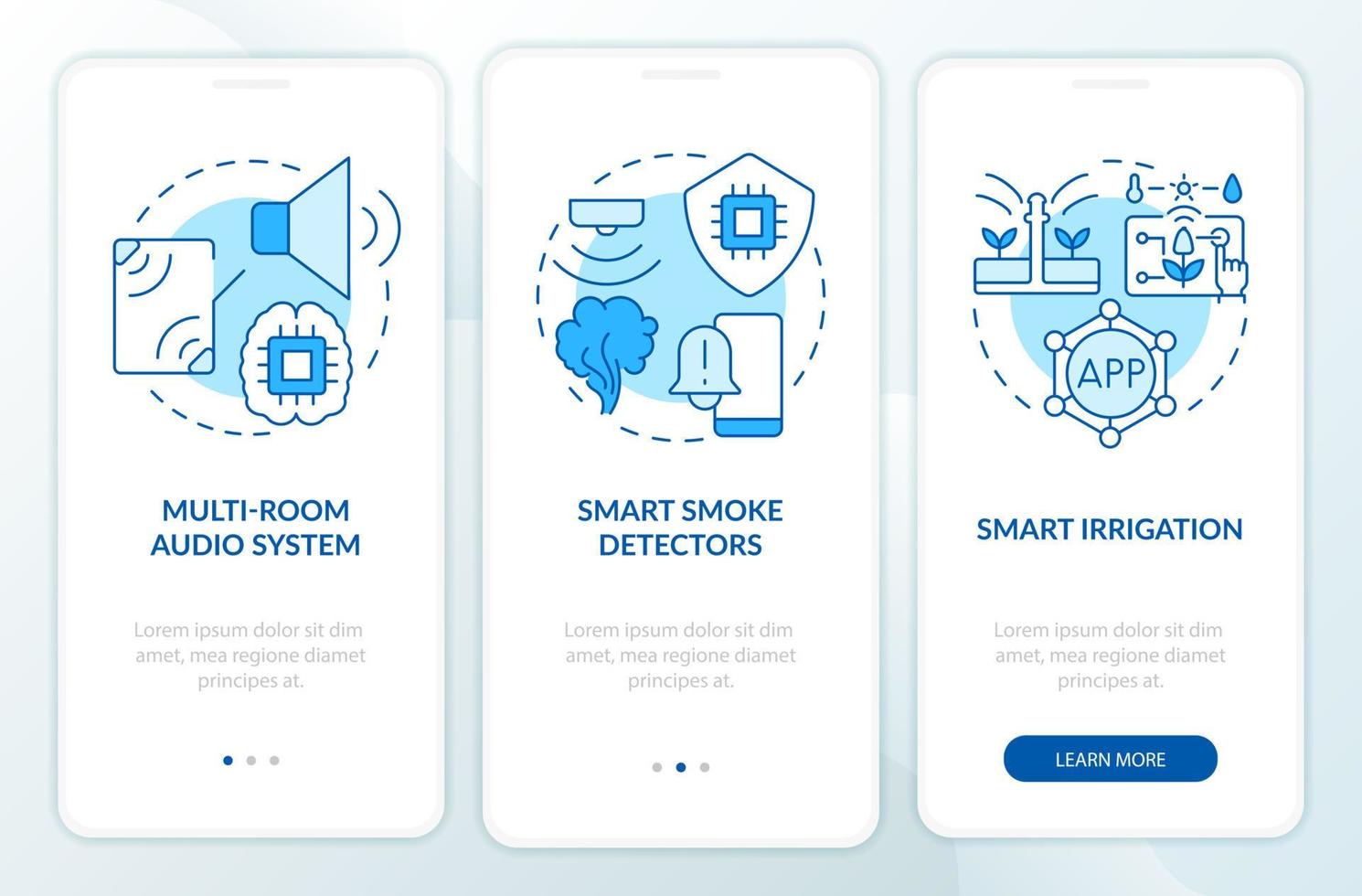 Home automation devices blue onboarding mobile app screen. Smoke detector walkthrough 3 steps graphic instructions pages with linear concepts. UI, UX, GUI template. Myriad Pro-Bold, Regular fonts used vector