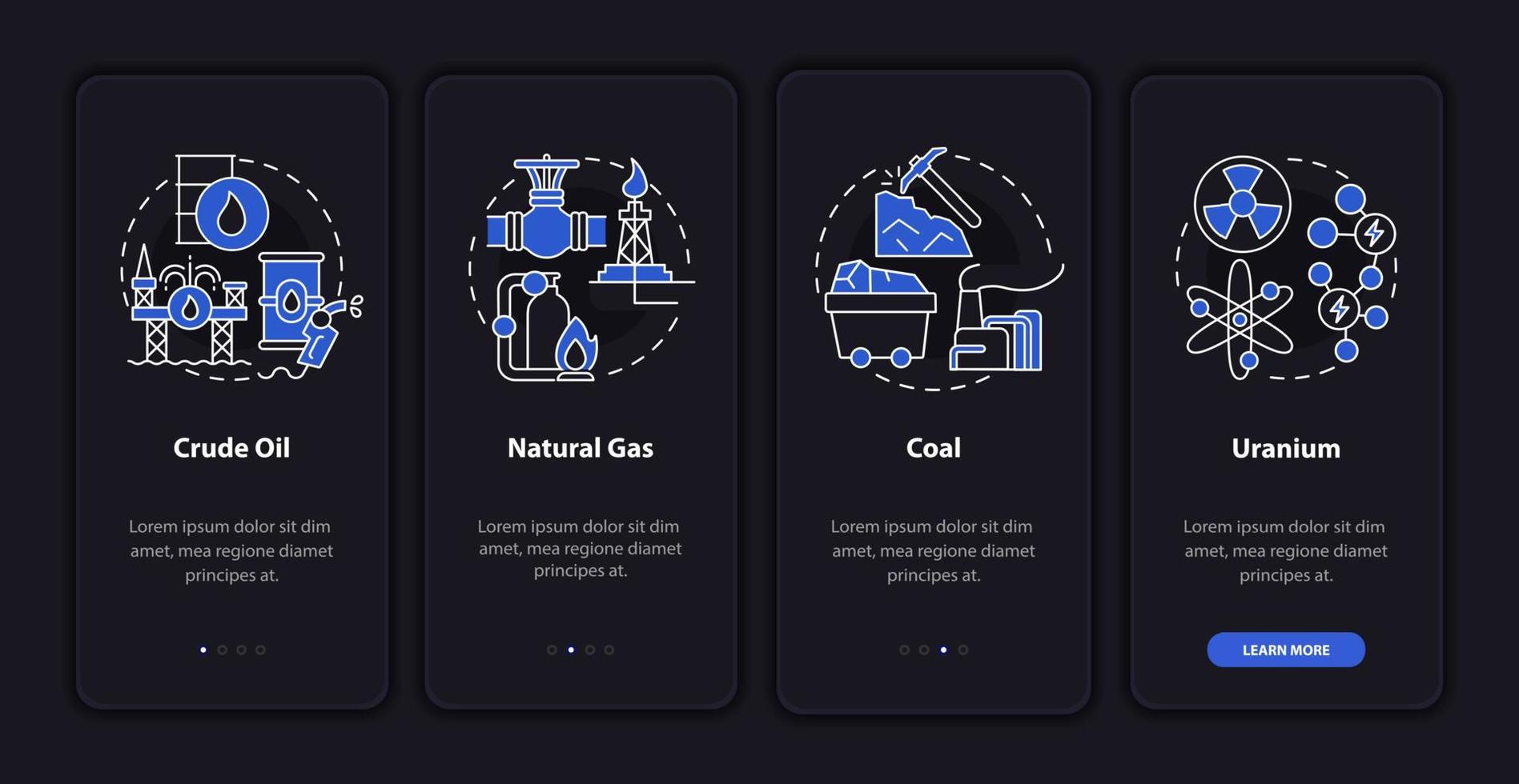 Nonrenewable energy onboarding mobile app page screen. Ecology walkthrough 4 steps graphic instructions with linear concepts. UI, UX, GUI template. Night mode. Myriad Pro-Bold, Regular fonts used vector