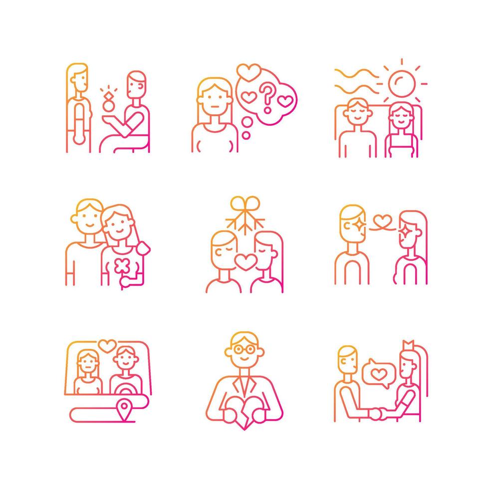 Romantic relationship gradient linear vector icons set. Family life tips. Development of healthy relations. Couples in love. Thin line contour symbols bundle. Isolated outline illustrations collection