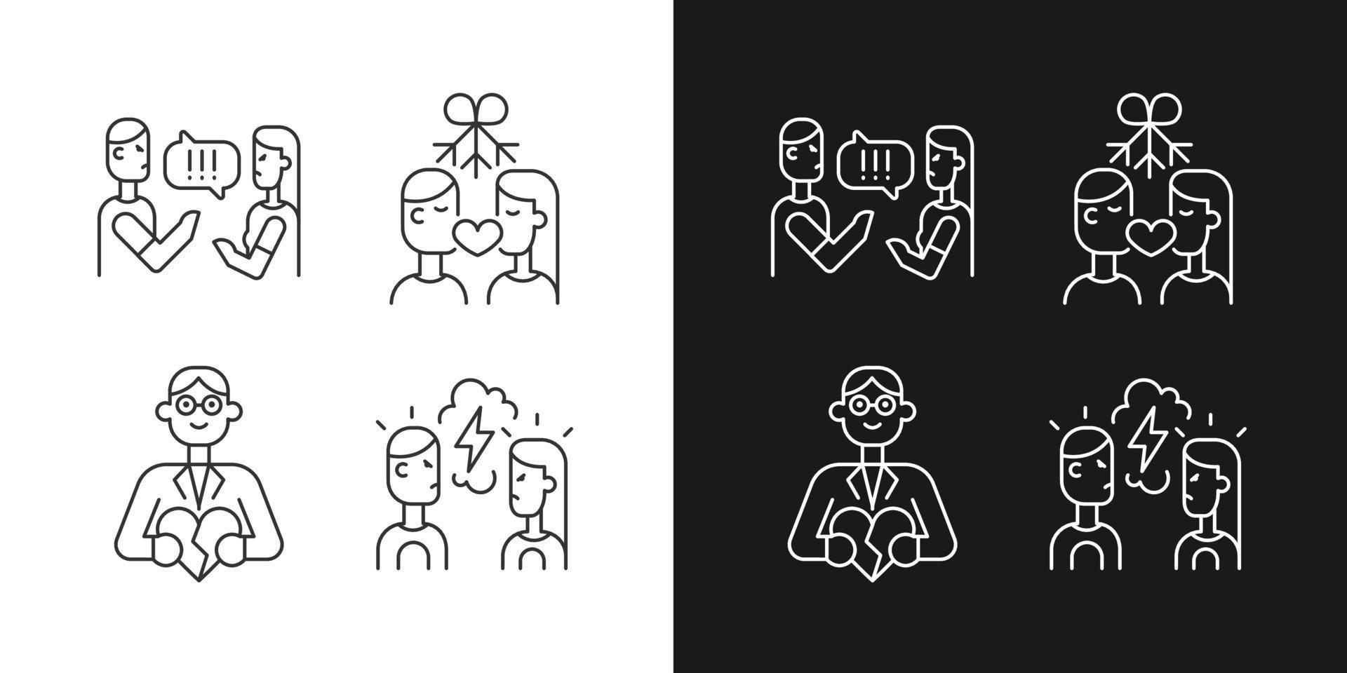 Fighting in relationship linear icons set for dark and light mode. Healthy romantic relation. Family consultant. Customizable thin line symbols. Isolated vector outline illustrations. Editable stroke