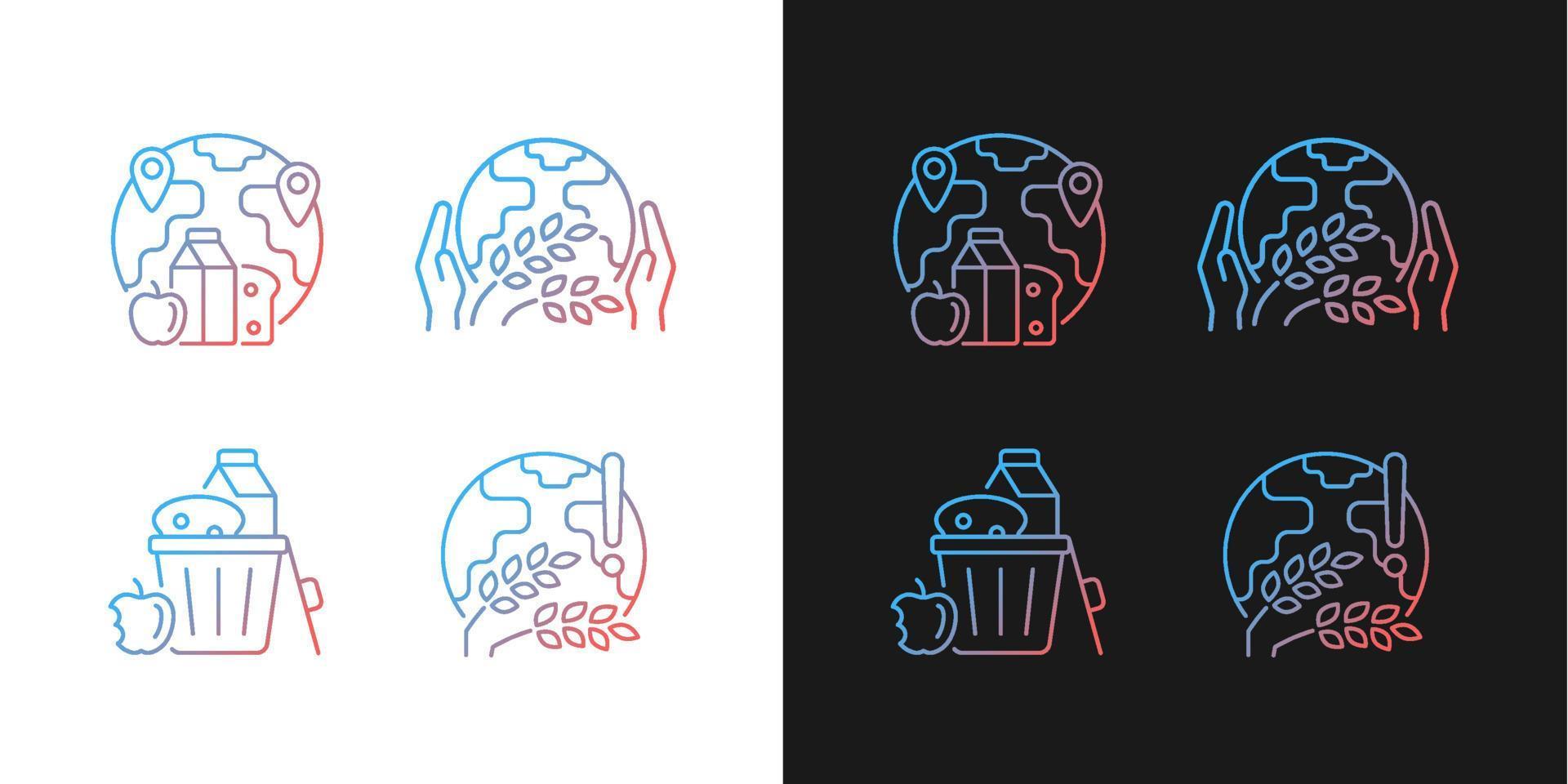 World hunger issues gradient icons set for dark and light mode. Global harvest wilt. Thin line contour symbols bundle. Isolated vector outline illustrations collection on black and white