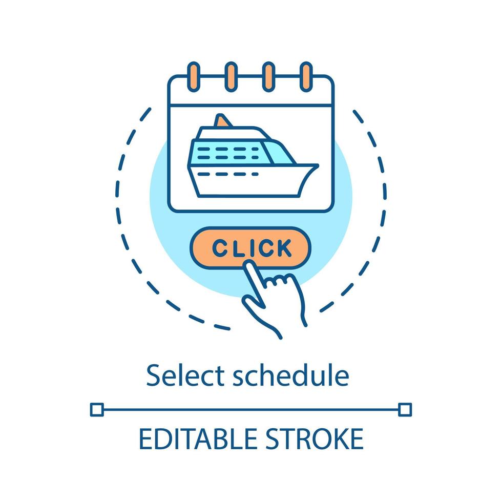 icono de concepto de selección de programación. idea de oferta de crucero ilustración de línea delgada. viaje, viaje, planificación del viaje. elige la fecha de salida del crucero. dibujo de contorno aislado vectorial. trazo editable vector