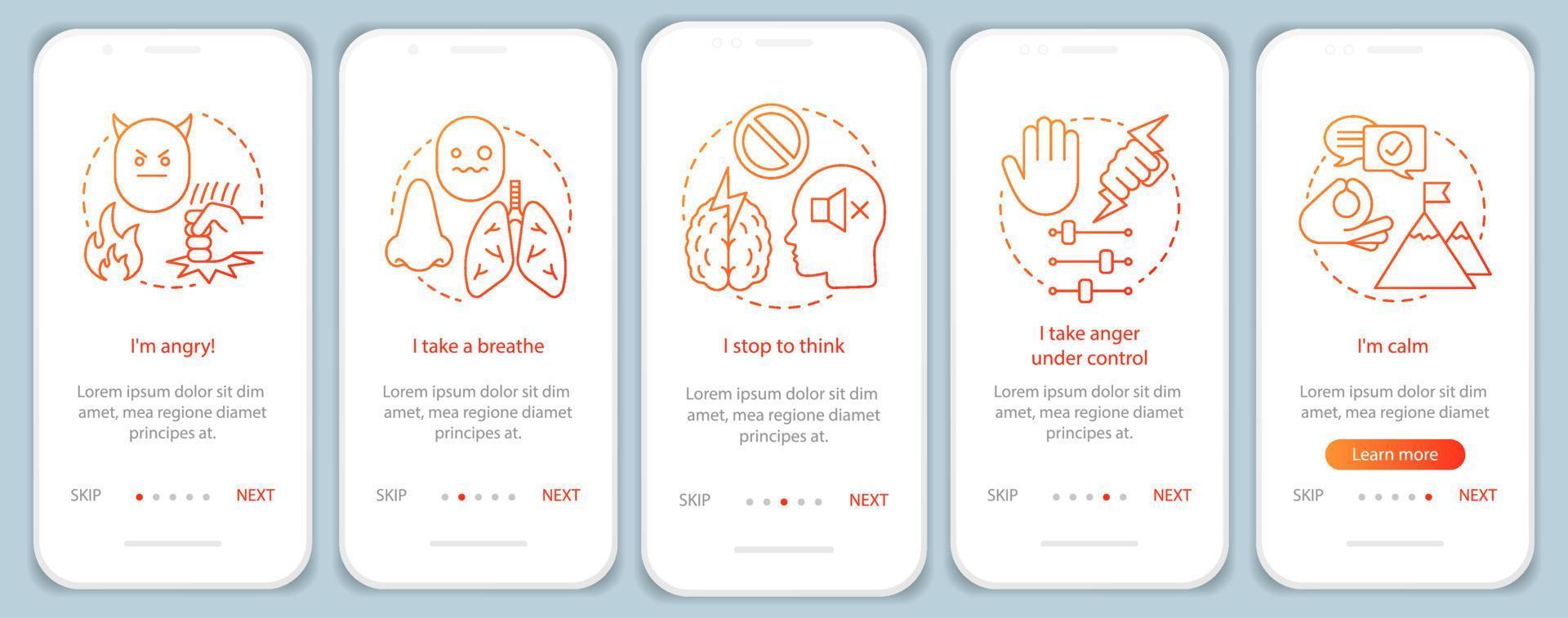 Anger management onboarding mobile app page screen with linear concepts. Take a breath, stop to think, calm walkthrough steps graphic instructions. UX, UI, GUI vector template with illustrations