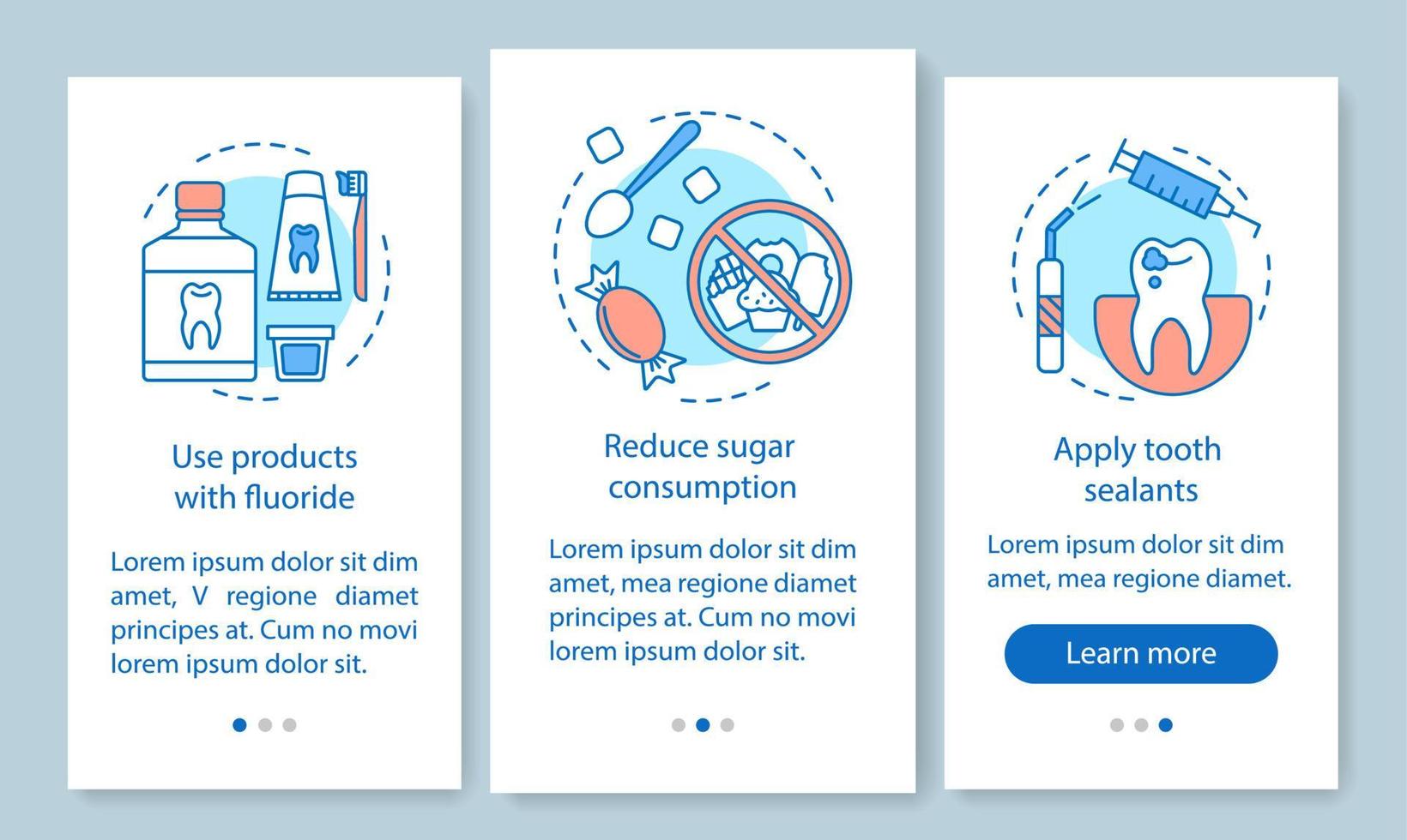 Caries prevention onboarding mobile app page screen with linear concepts. Reduce likelihood of dental disease walkthrough steps graphic instructions. UX, UI, GUI vector template with illustrations