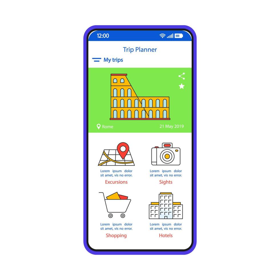 Trip planner smartphone interface template. Travel itinerary mobile app page layout. Sightseeing tour, hotel booking service screen. Vacation, holiday planning application flat UI. Phone display vector