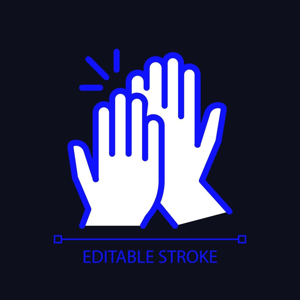 High five pixel perfect RGB color icon for dark theme. Success gesture. Productive teamwork. Collaboration. Simple filled line drawing on night mode background. Editable stroke. Arial font used vector