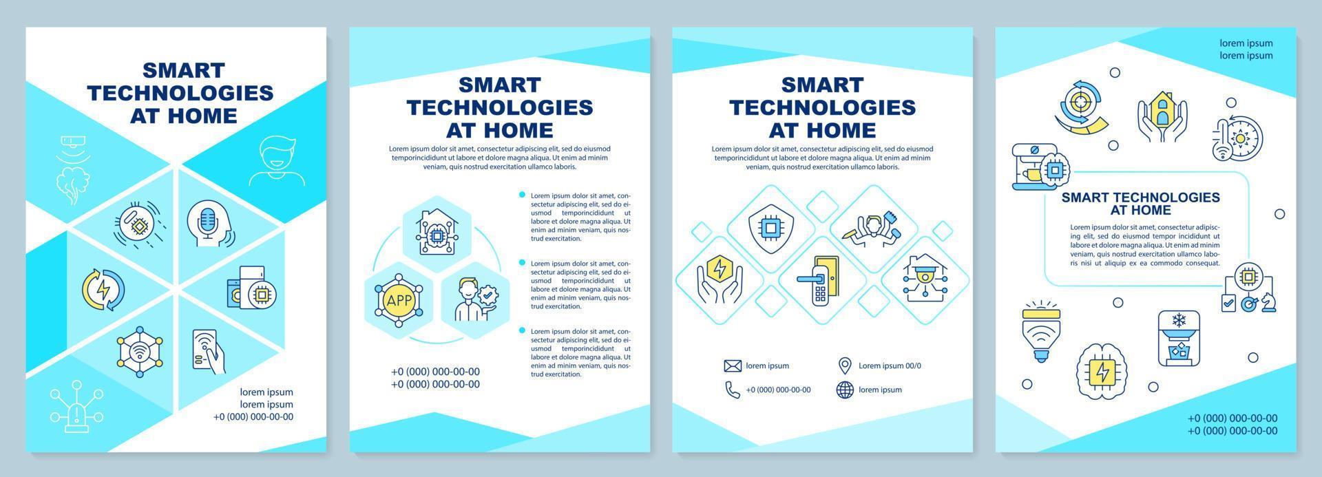 Smart technologies at home turquoise brochure template. Gadgets control. Leaflet design with linear icons. 4 vector layouts for presentation, annual reports. Arial-Black, Myriad Pro-Regular fonts used