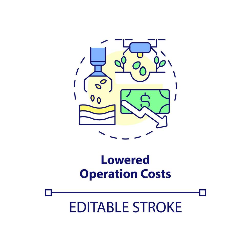 Lowered operation costs concept icon. Smart farming advantage abstract idea thin line illustration. Isolated outline drawing. Editable stroke. Roboto-Medium, Myriad Pro-Bold fonts used vector