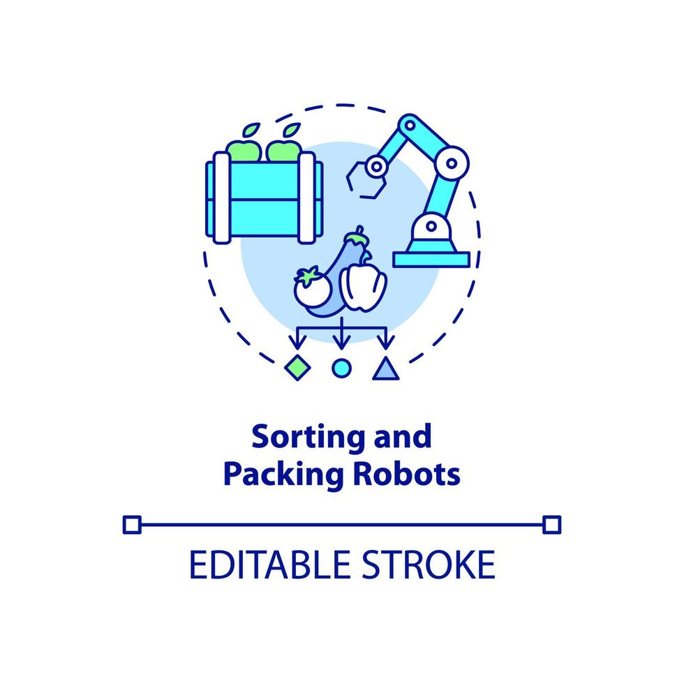 Sorting and packing robots concept icon. Robotics in agriculture abstract idea thin line illustration. Isolated outline drawing. Editable stroke. Roboto-Medium, Myriad Pro-Bold fonts used vector