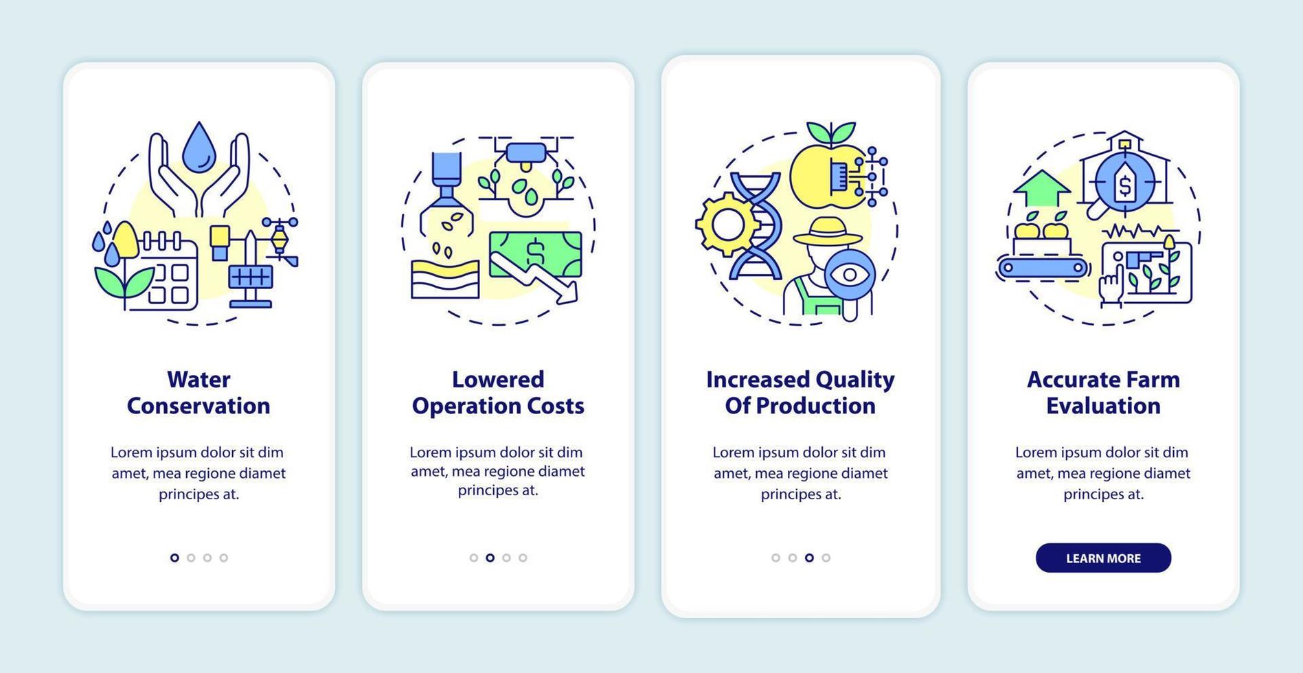 Smart farming benefits onboarding mobile app screen. Water conservation walkthrough 4 steps graphic instructions pages with linear concepts. UI, UX, GUI template. Myriad Pro-Bold, Regular fonts used vector