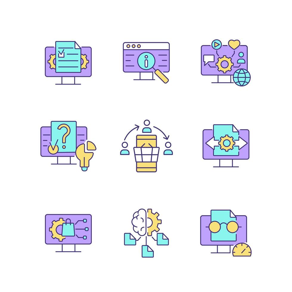 conjunto de iconos de color rgb de habilidades de alfabetización digital. gestionar contenidos digitales. redes sociales. algoritmos informáticos. ilustraciones vectoriales aisladas. colección de dibujos de líneas llenas simples. trazo editable vector