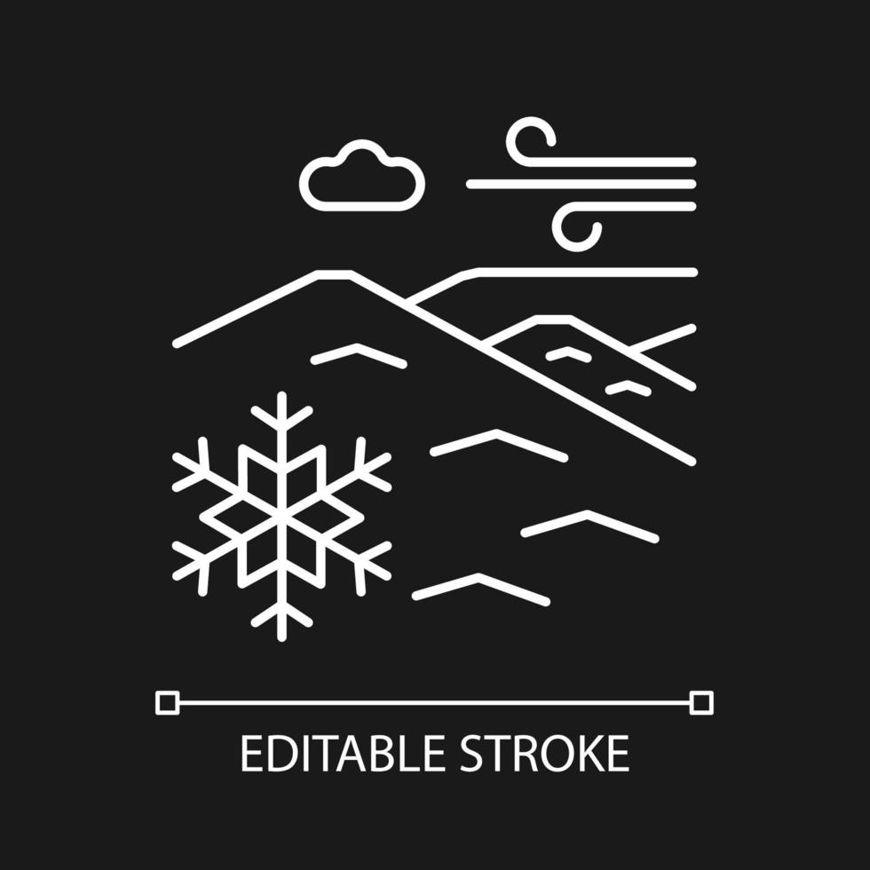 Cold desert white linear icon for dark theme. Polar desert. Snow and ice covered large plain area. Thin line customizable illustration. Isolated vector contour symbol for night mode. Editable stroke