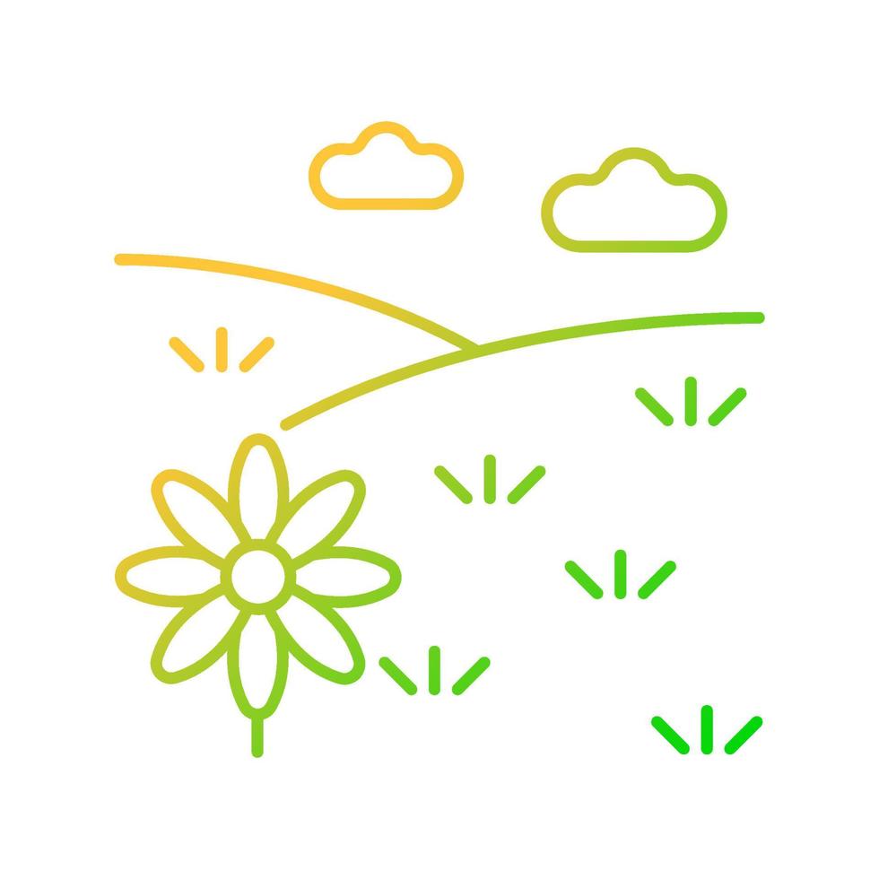 Meadow gradient linear vector icon. Grass covered open land. Field with flowers. Grassland and pastureland. Thin line color symbol. Modern style pictogram. Vector isolated outline drawing