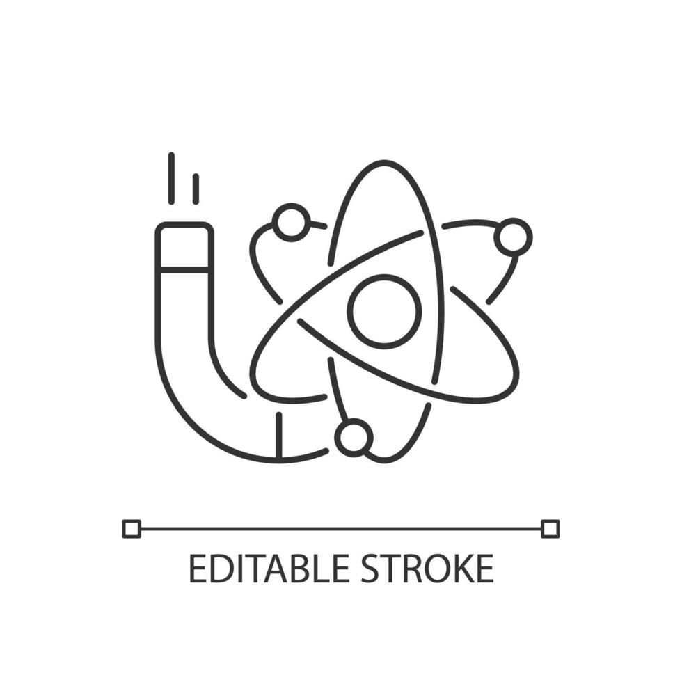 Physics linear icon. Image of atom, electrons, protons, neutrons. Stydying of matter, motion. Thin line customizable illustration. Contour symbol. Vector isolated outline drawing. Editable stroke