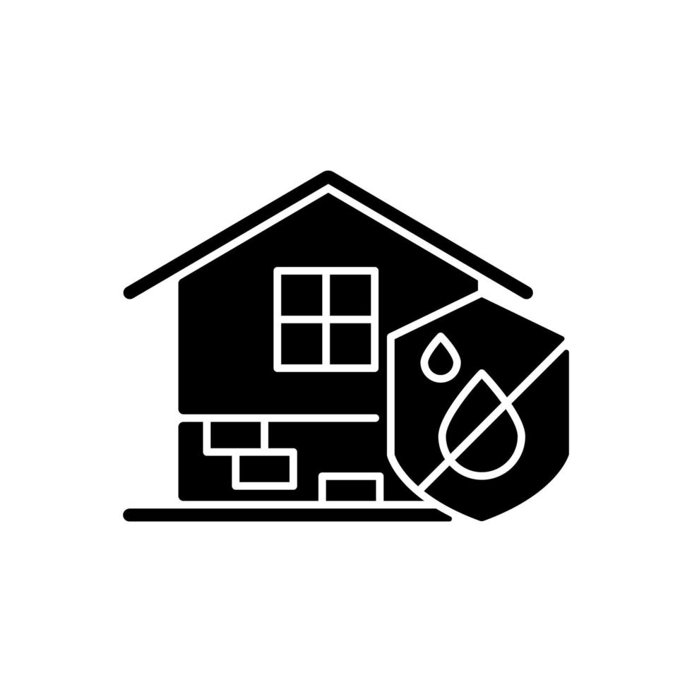 Resistance to dampness black glyph icon. Damp proofing. Preventing rain penetration. Moisture resistant house. Maintaining structures. Silhouette symbol on white space. Vector isolated illustration