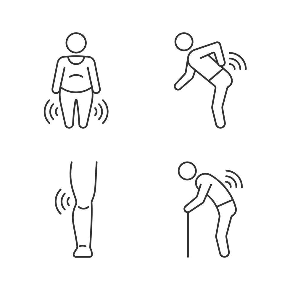 Elderly patients with arthritis linear icons set. Body weight. Back rheumatism. Joint damage in children. Customizable thin line contour symbols. Isolated vector outline illustrations. Editable stroke