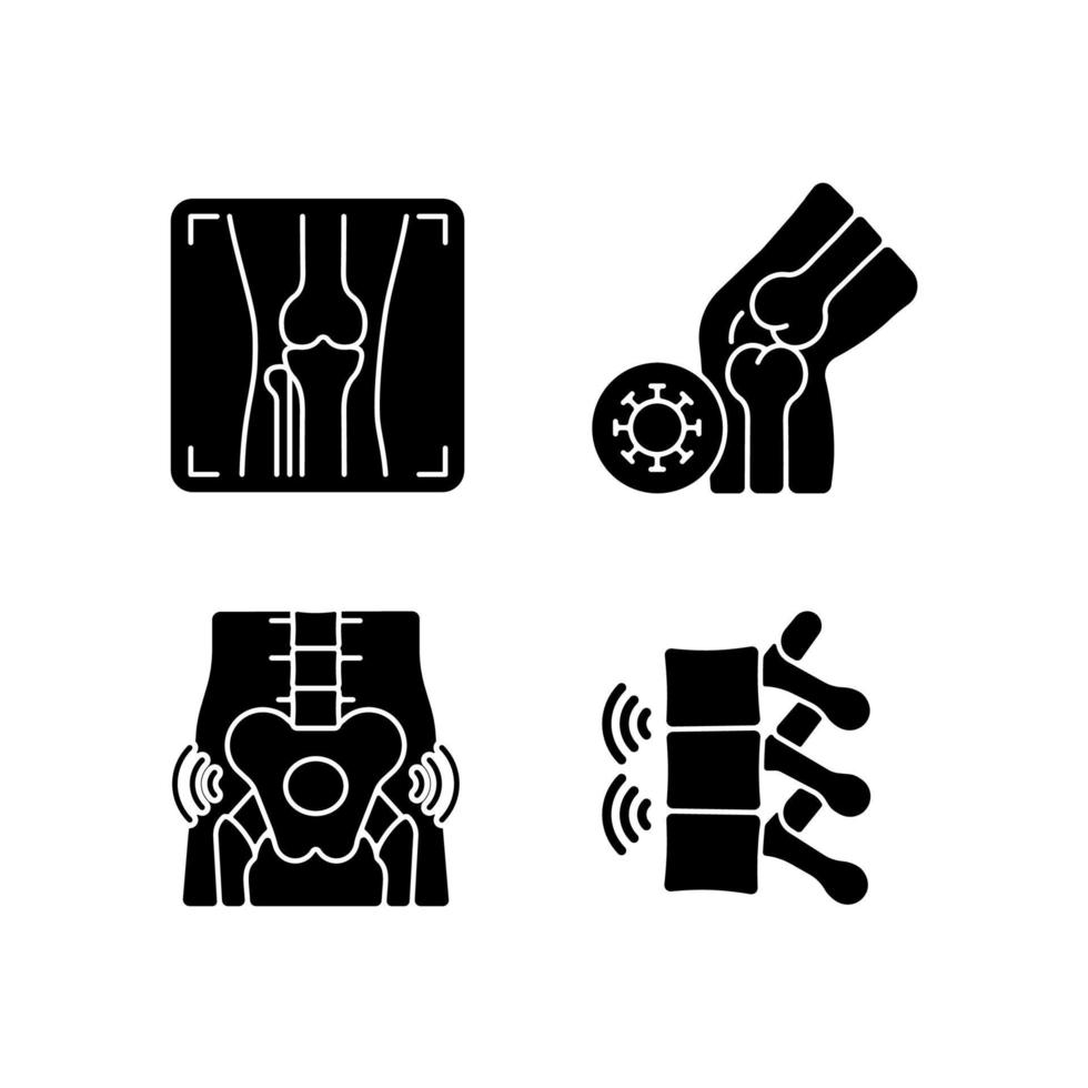 Extreme aching in bones black glyph icons set on white space. Arthritis x ray. Infectious joint disease. Hips rheumatism. Ankylosing spondylitis. Silhouette symbols. Vector isolated illustration