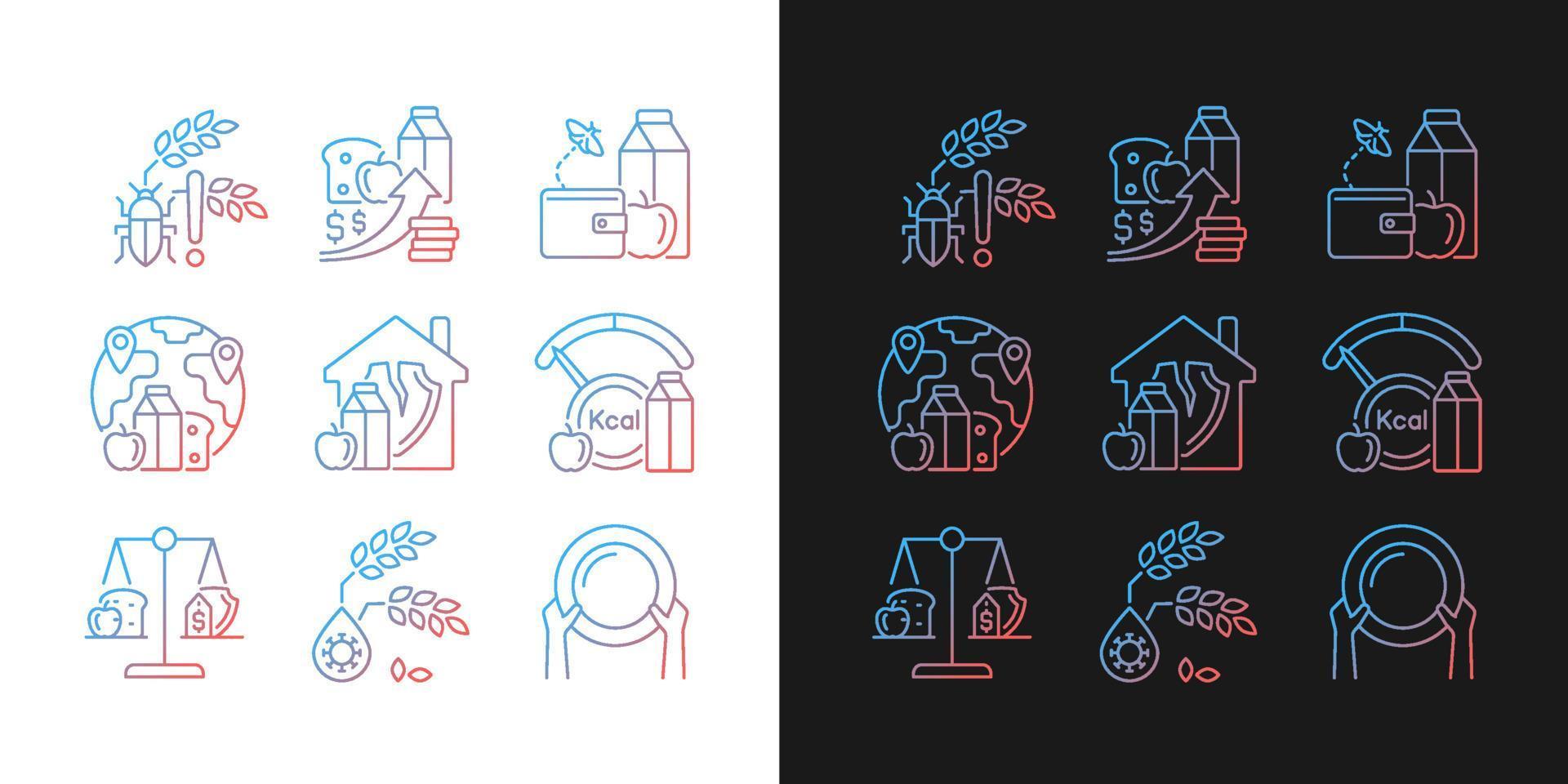 Hunger reasons gradient icons set for dark and light mode. Pests and harvest loss danger. Thin line contour symbols bundle. Isolated vector outline illustrations collection on black and white