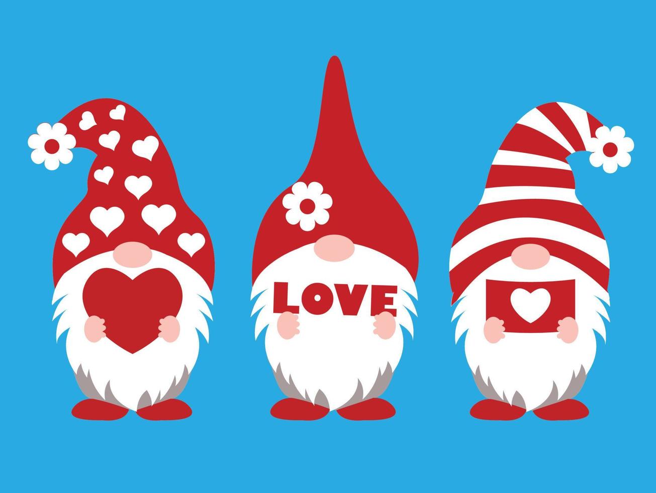 Three Valentine gnomes hold different things in their hands love letter, and heart. Vector illustration on blue background.