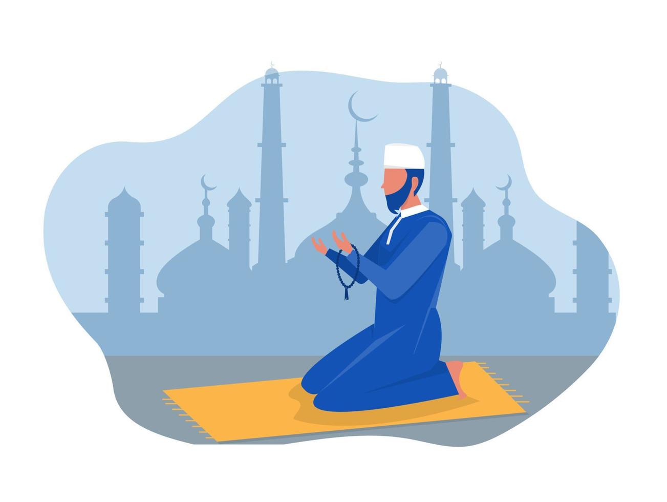 Religious Man Muslim Prayer  in traditional clothes full length vertical vector illustrationin mosque background vector graphics