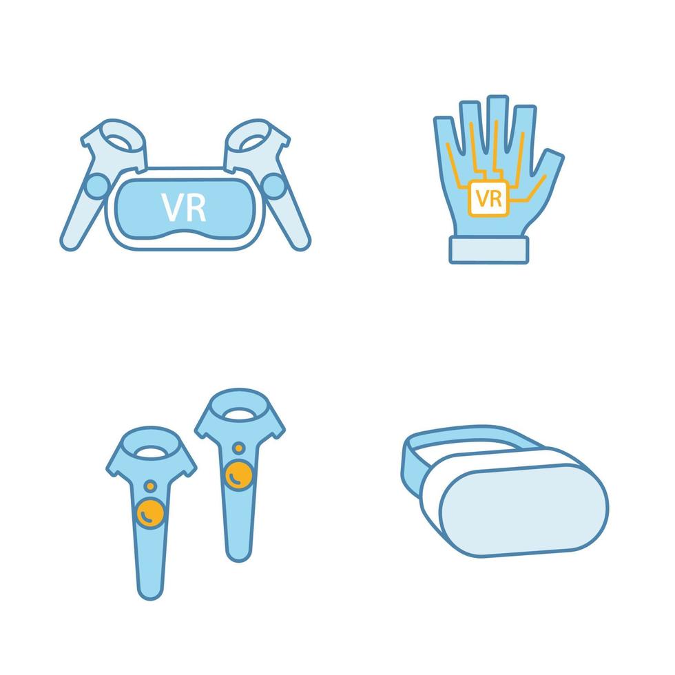 Virtual reality devices color icons set. VR headset and wireless controllers, haptic glove. Isolated vector illustrations