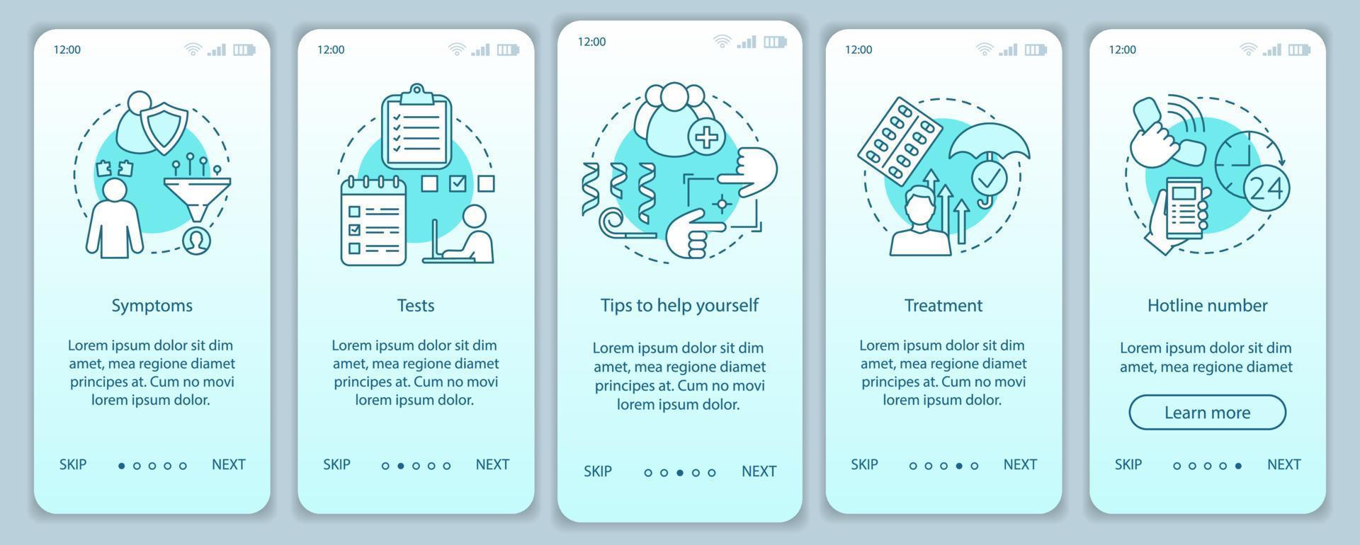Depression overcoming onboarding mobile app page screen vector template. Symptoms, tests, treatment. Walkthrough website steps with linear illustrations. UX, UI, GUI smartphone interface concept