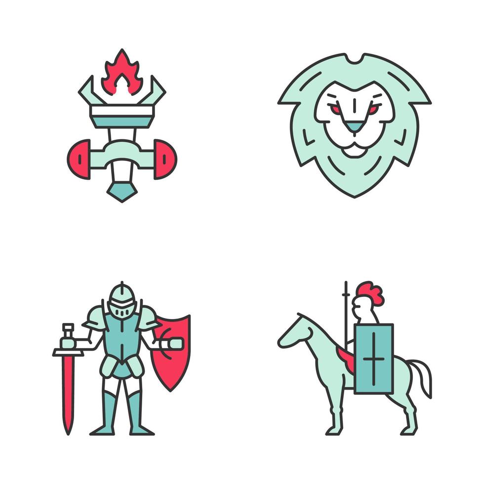 conjunto de iconos de colores medievales. antorcha encendida, escudo de cabeza de león, caballero con armadura completa, caballero a caballo con bandera y lanza. ilustraciones de vectores aislados