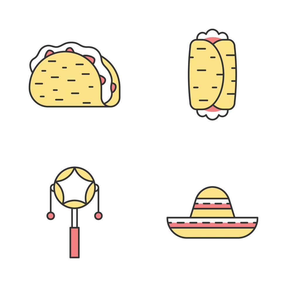 Mexican color icons set. Cinco de Mayo festival. Taco, burrito, mexican pellet drum, sombrero. Isolated vector illustrations