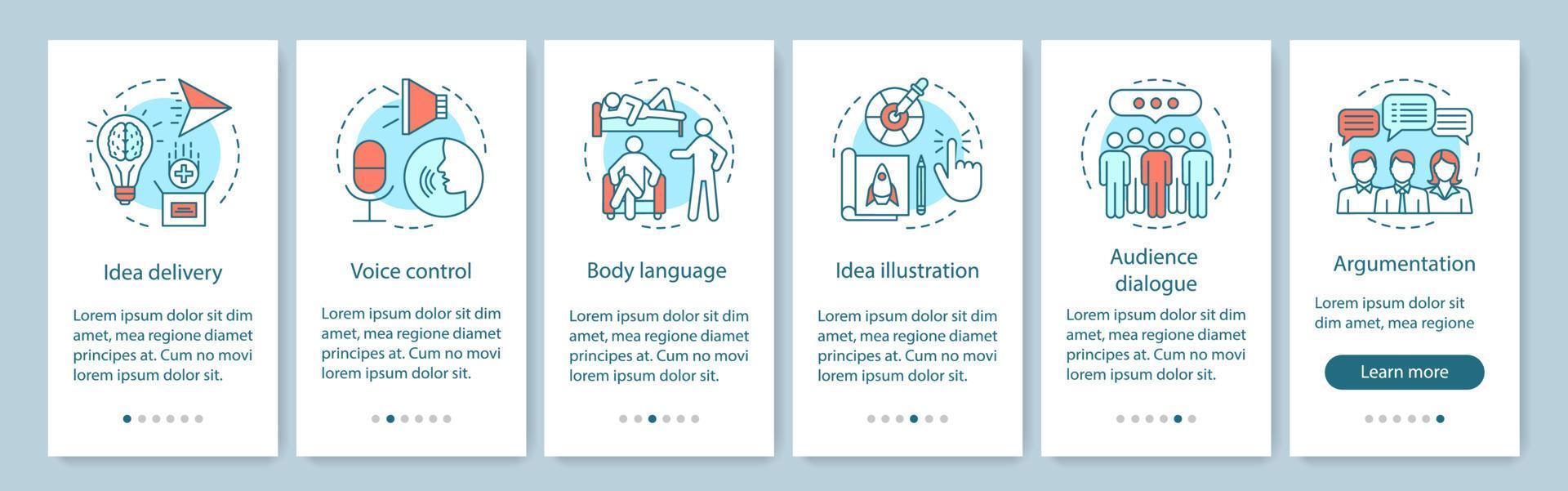 Public speaking skills onboarding mobile app page screen with linear concepts. Voice control, body language, audience dialog walkthrough graphic instructions. UX, UI, GUI vector template with icons