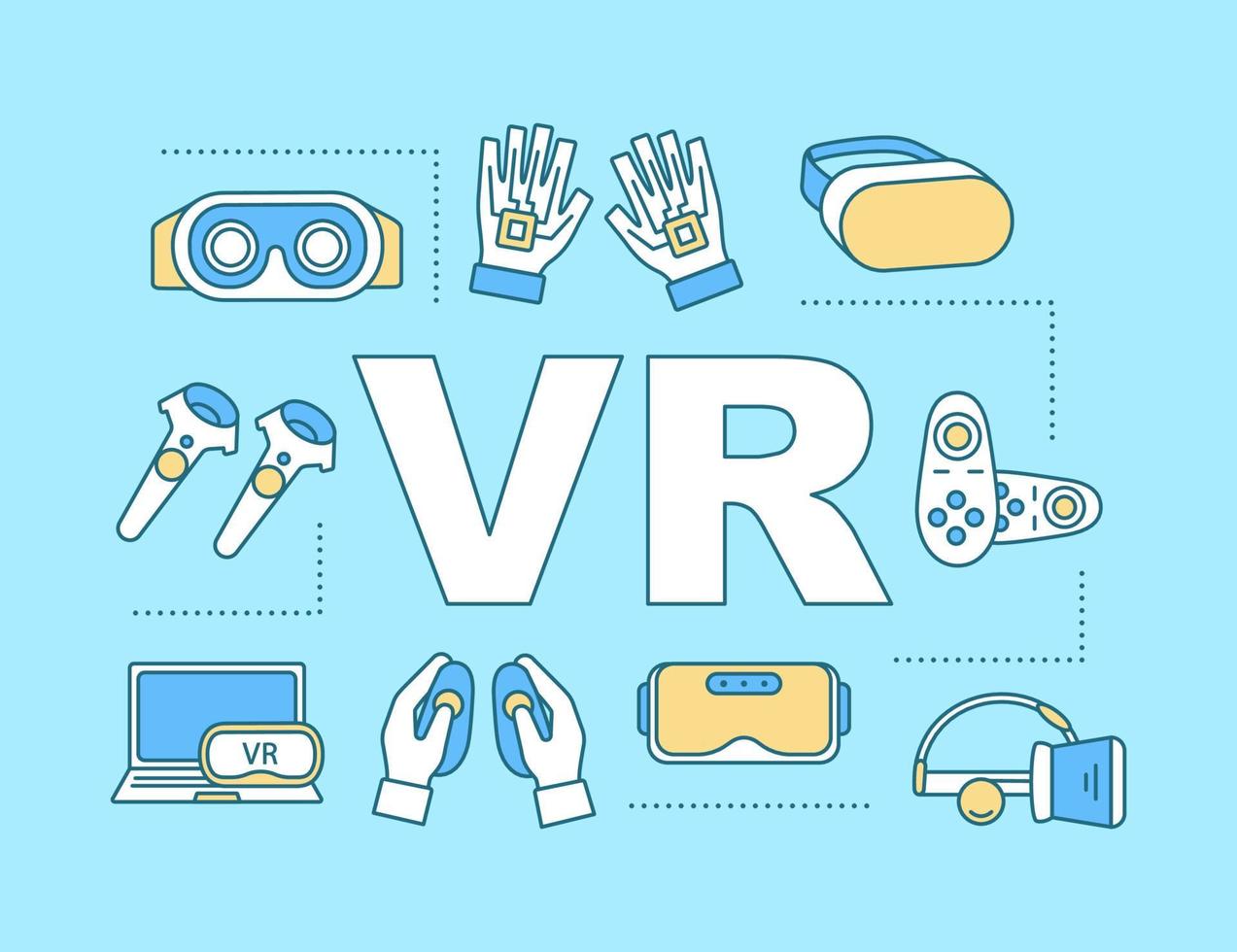 Virtual reality word concepts banner. Controllers and headset. Innovative VR equipment. Presentation, website. Isolated lettering typography idea with linear icons. Vector outline illustration