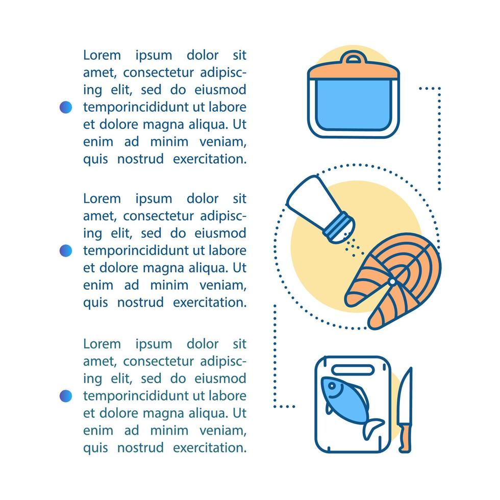 plantilla de vector de página de artículo de preparación de comida. Cocinando. folleto, revista, elemento de diseño de folleto con iconos lineales, cuadros de texto. procesamiento de pescado. diseño de impresión. ilustraciones conceptuales con espacio de texto