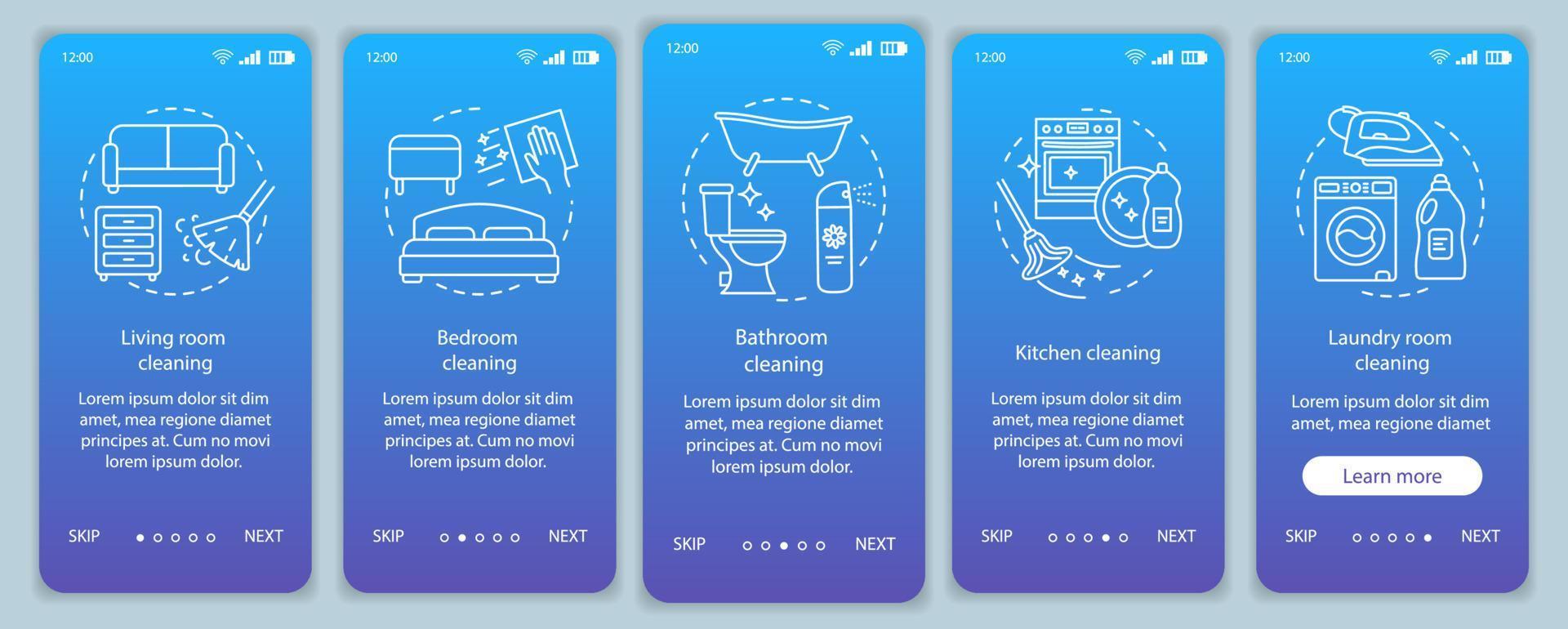 plantilla de vector de pantalla de página de aplicación móvil de incorporación de limpieza del hogar. sala de estar, dormitorio, baño de limpieza. paso a paso del sitio web, ilustraciones lineales. ux, ui, concepto de interfaz de teléfono inteligente gui