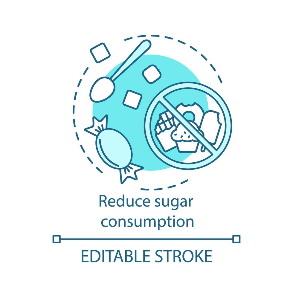 Reduce sugar consumption concept icon. Diet with low sugar. Sweets limit. Ban on sweet meal. Junk food restriction idea thin line illustration. Vector isolated outline drawing. Editable stroke