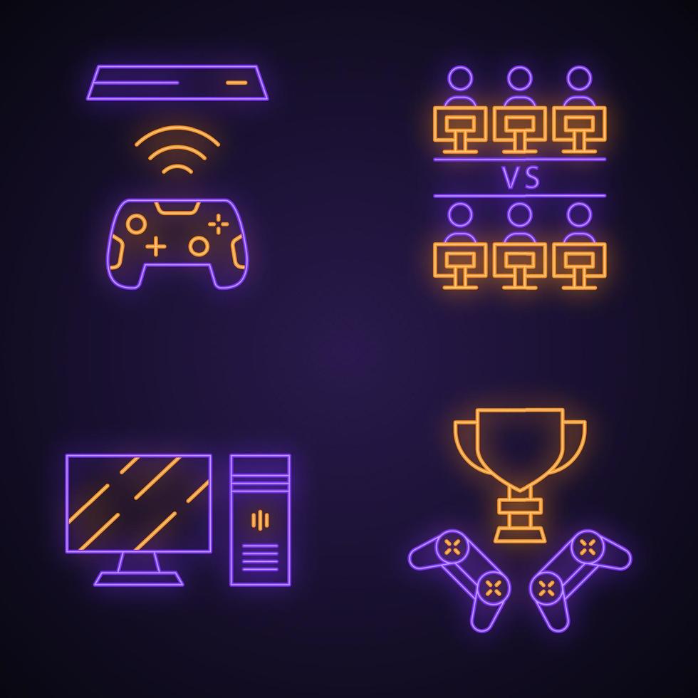 Esports neon light icons set. Gaming equipment and hardware. Winner cup. Round-robin tournament. Teamwork. Glowing signs. Vector isolated illustrations