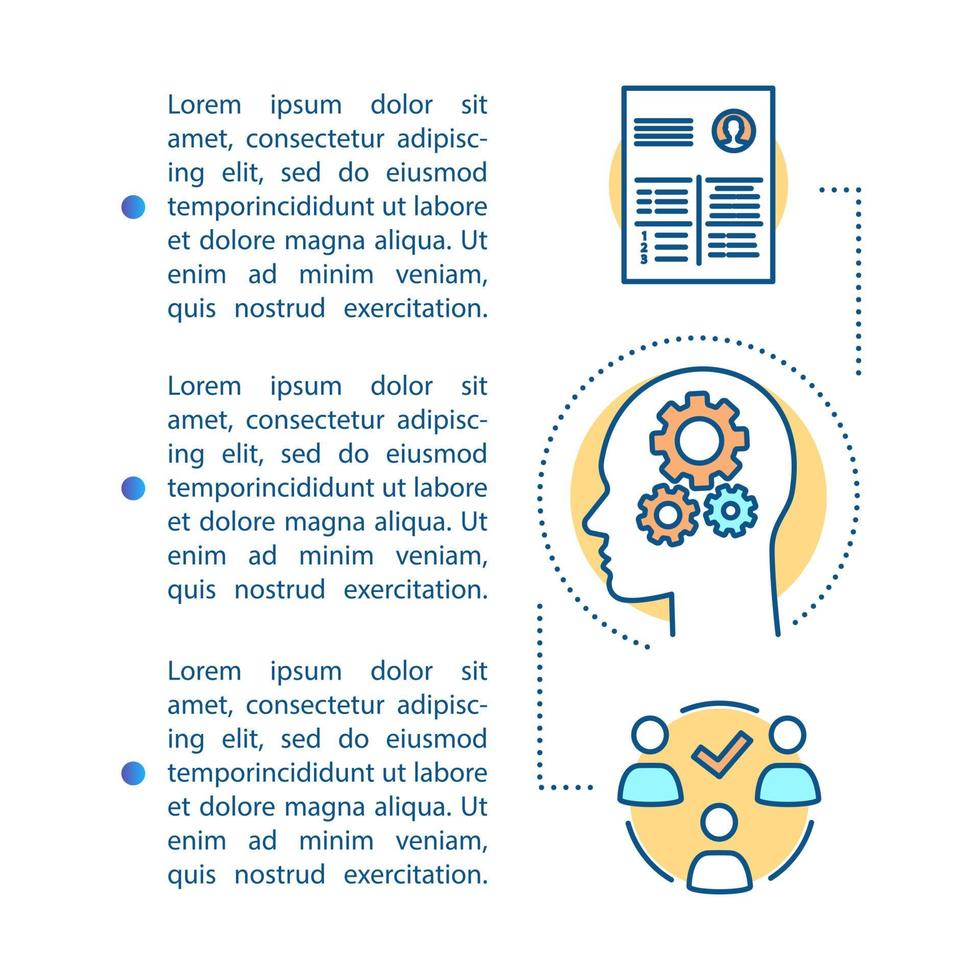 Skills assessment article page vector template. Brochure, magazine, booklet design element with linear icons. Employee soft, technical skills print design. Concept illustrations with text space