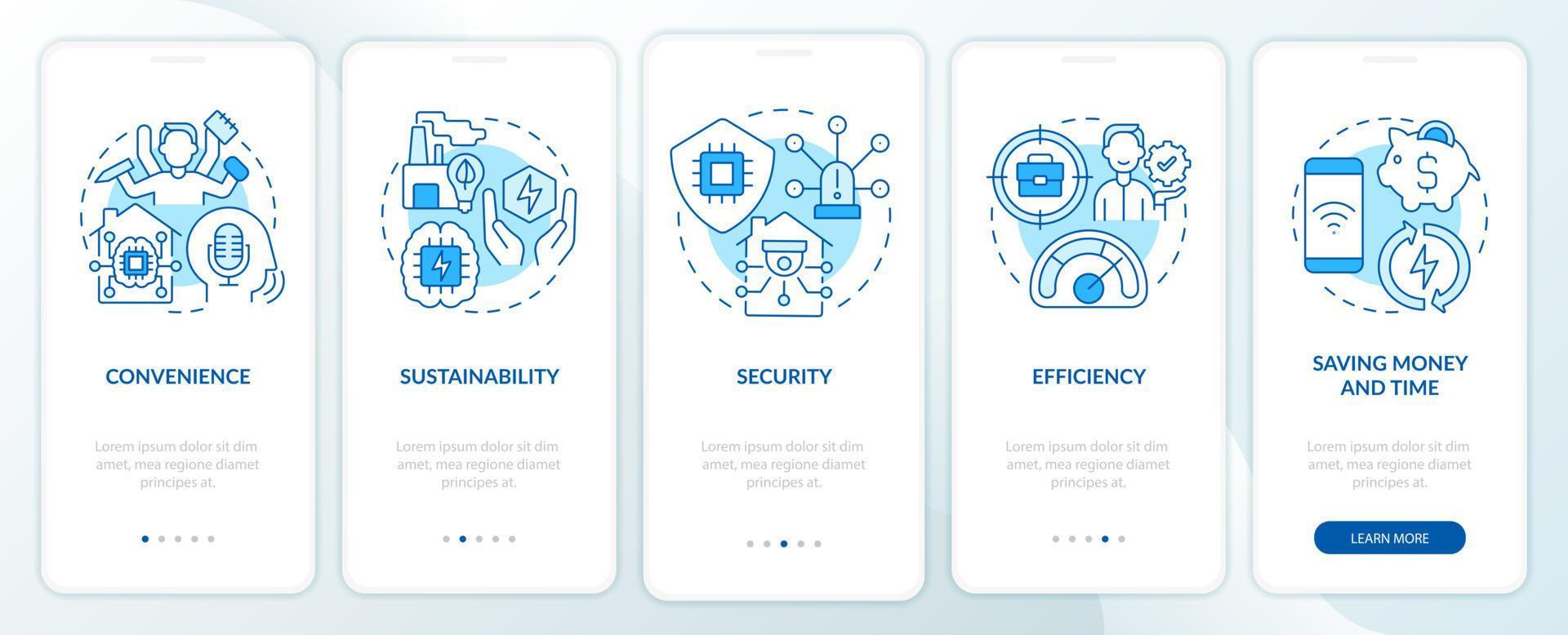 Smart technologies benefits blue onboarding mobile app screen. Security walkthrough 5 steps graphic instructions pages with linear concepts. UI, UX, GUI template. Myriad Pro-Bold, Regular fonts used vector