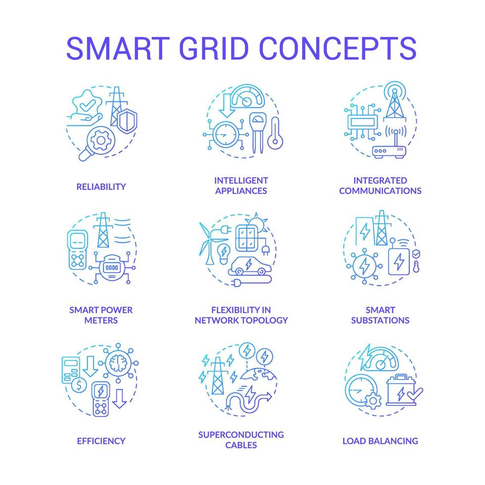 conjunto de iconos de concepto de degradado azul de red inteligente. sistema de ingeniería contemporáneo. ideas de energía eléctrica ilustraciones en color de línea delgada. dibujos de contorno aislados. roboto-medium, innumerables fuentes pro-bold utilizadas vector