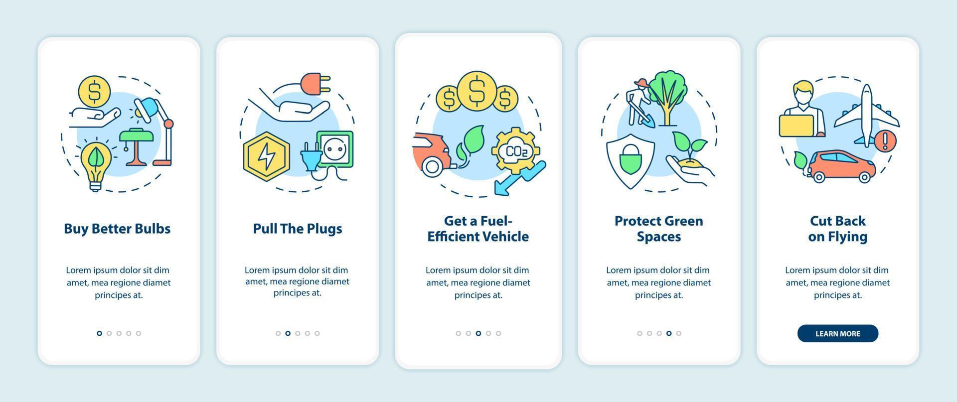 Air pollution prevention onboarding mobile app screen. Walkthrough 5 steps graphic instructions pages with linear concepts. UI, UX, GUI template. Myriad Pro-Bold, Regular fonts used vector