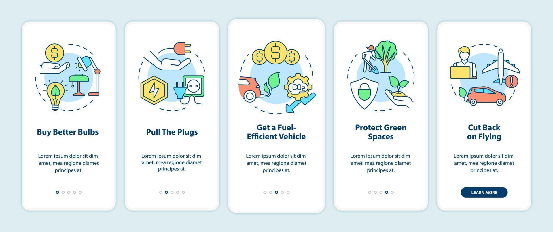 prevención de la contaminación del aire incorporando la pantalla de la aplicación móvil. tutorial 5 pasos páginas de instrucciones gráficas con conceptos lineales. interfaz de usuario, ux, plantilla de interfaz gráfica de usuario. innumerables fuentes pro-negrita y regulares utilizadas vector