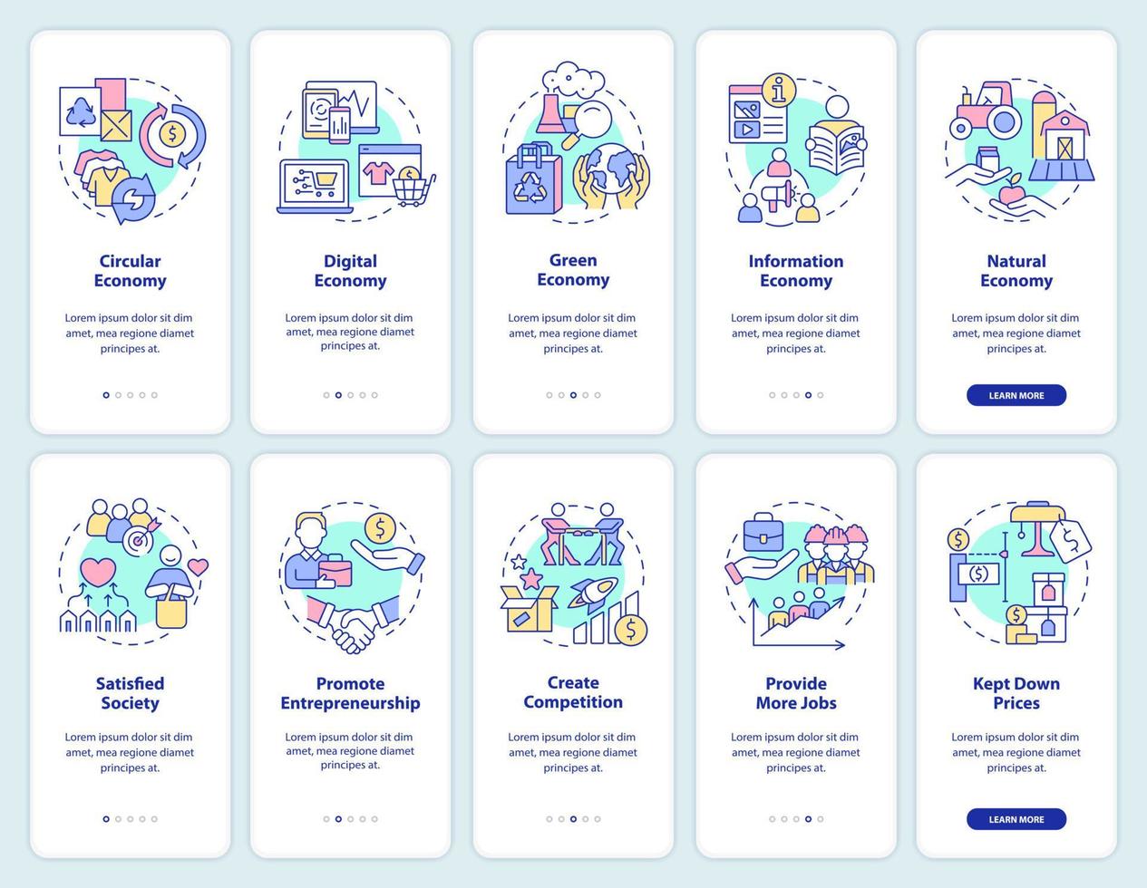 conjunto de pantalla de aplicación móvil de incorporación de sistemas económicos. tutorial de economía de mercado 5 pasos páginas de instrucciones gráficas con conceptos lineales. interfaz de usuario, ux, plantilla de interfaz gráfica de usuario. innumerables fuentes pro-negrita y regulares utilizadas vector