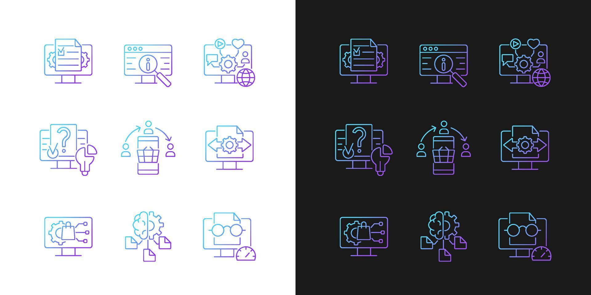 Digital literacy skills gradient icons set for dark and light mode. Manage digital content. Thin line contour symbols bundle. Isolated vector outline illustrations collection on black and white