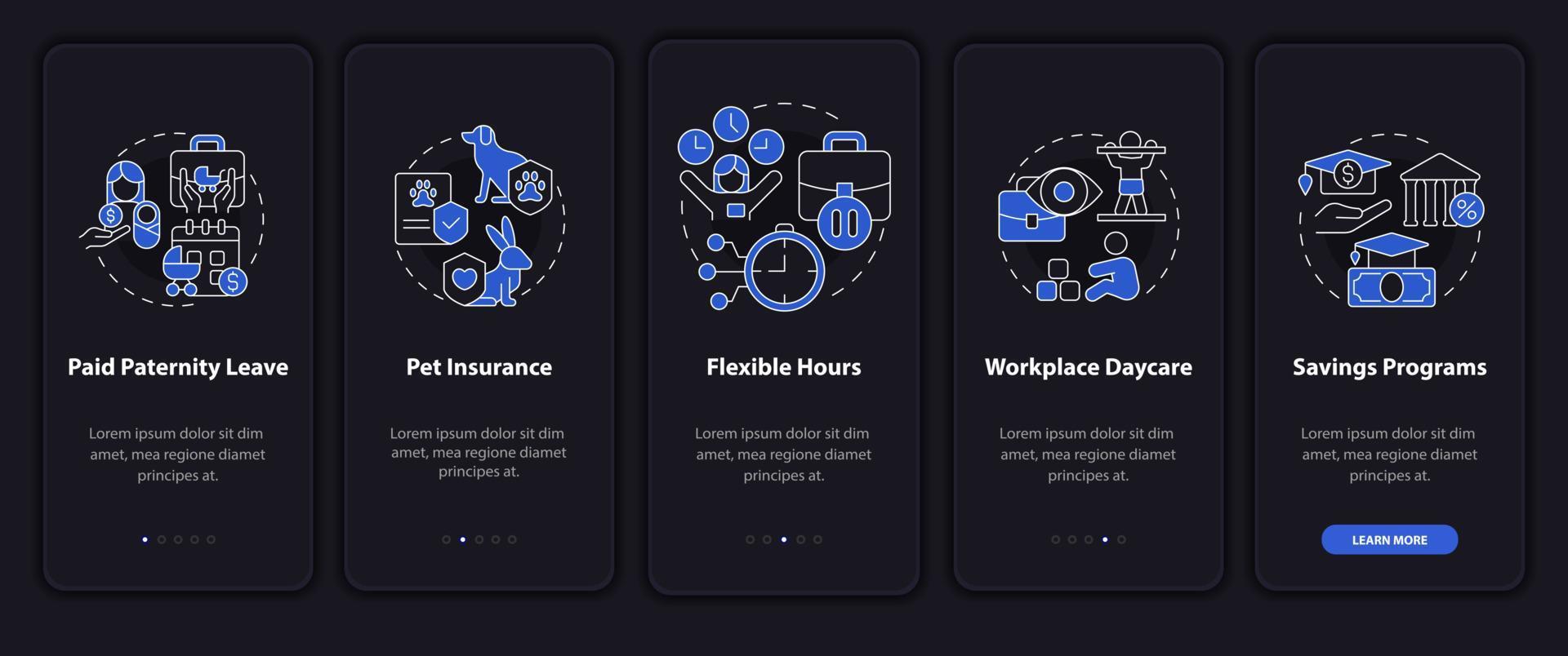 bonificaciones para trabajadores con niños que incorporan la pantalla de la página de la aplicación móvil. Instrucciones gráficas de 5 pasos con conceptos lineales. interfaz de usuario, ux, plantilla de interfaz gráfica de usuario. modo nocturno. innumerables fuentes pro-negrita y regulares utilizadas vector