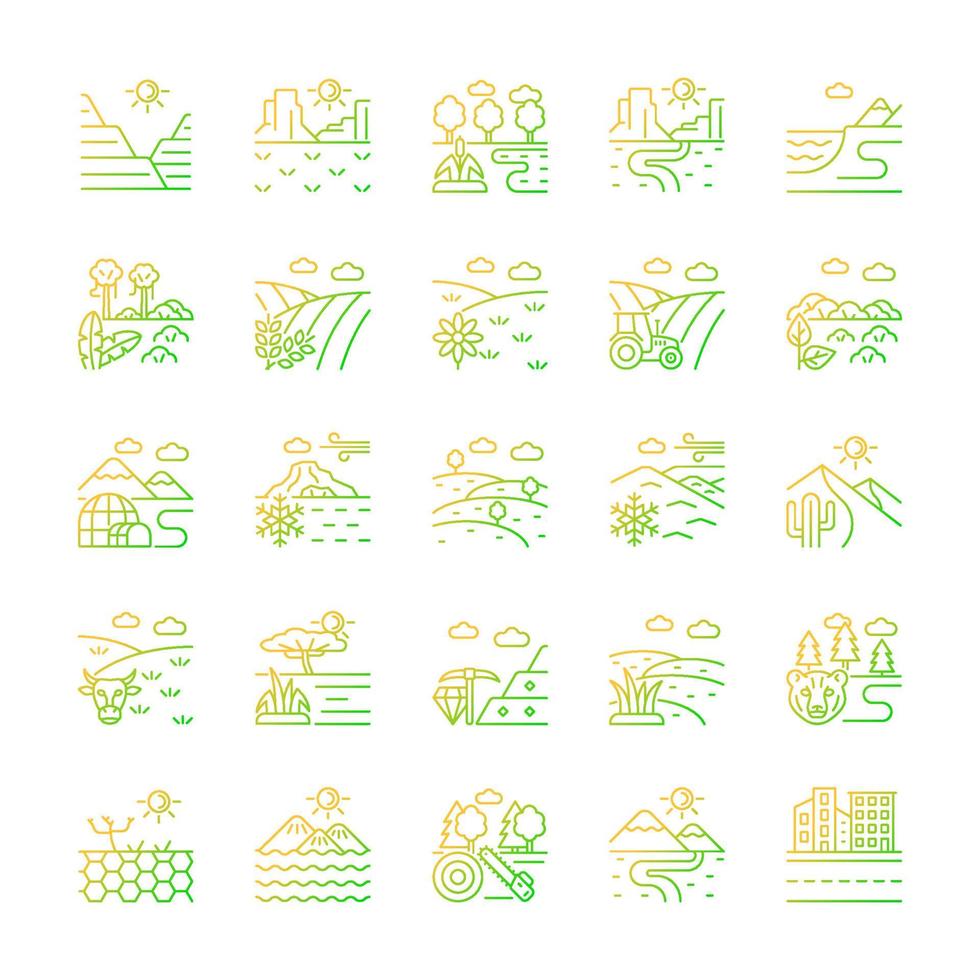 Land types gradient linear vector icons set. Biome diversity. Hot and cold climate zones. Agricultural and industrial areas. Thin line contour symbols bundle. Isolated outline illustrations collection